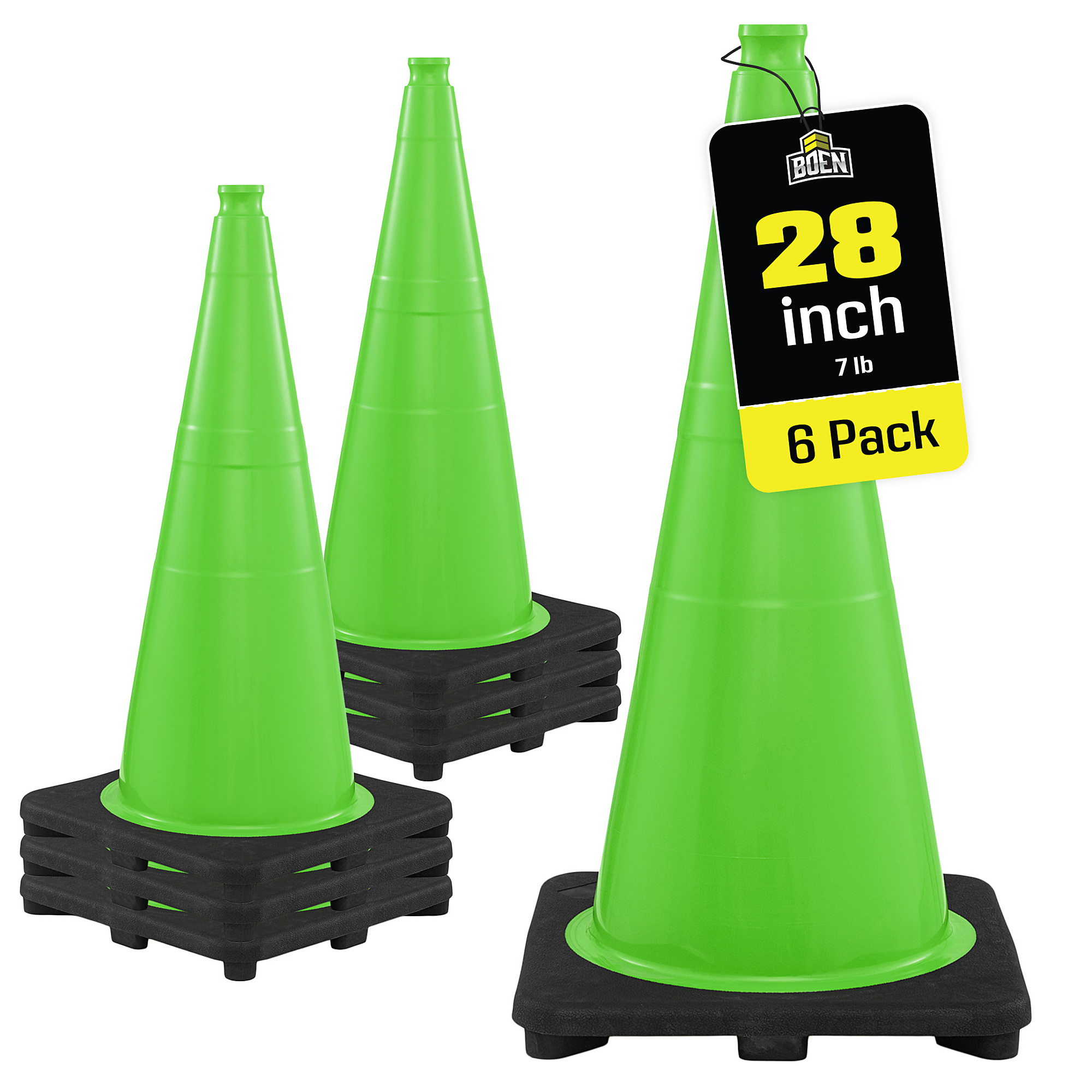Boen 28 in, Lime Green Traffic Cone, 6-Pack, High-Visibility Safety Cones with 7 lb. Base for Parking, Road Work & Traffic Control